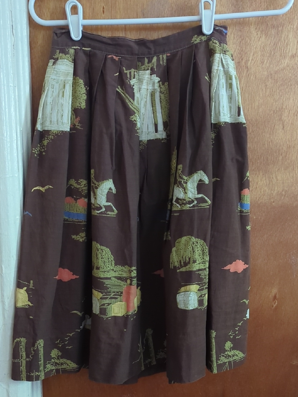 Quirky Cool Brown Scenic Print Skirt with Multicolor Accents
